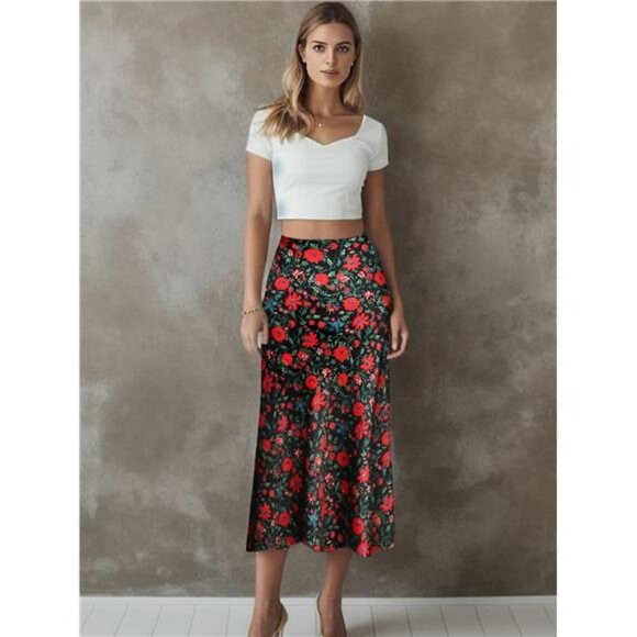 Leopard Skirt for Women Midi Length High Waist Silk Satin Elasticized - Picture 7 of 16